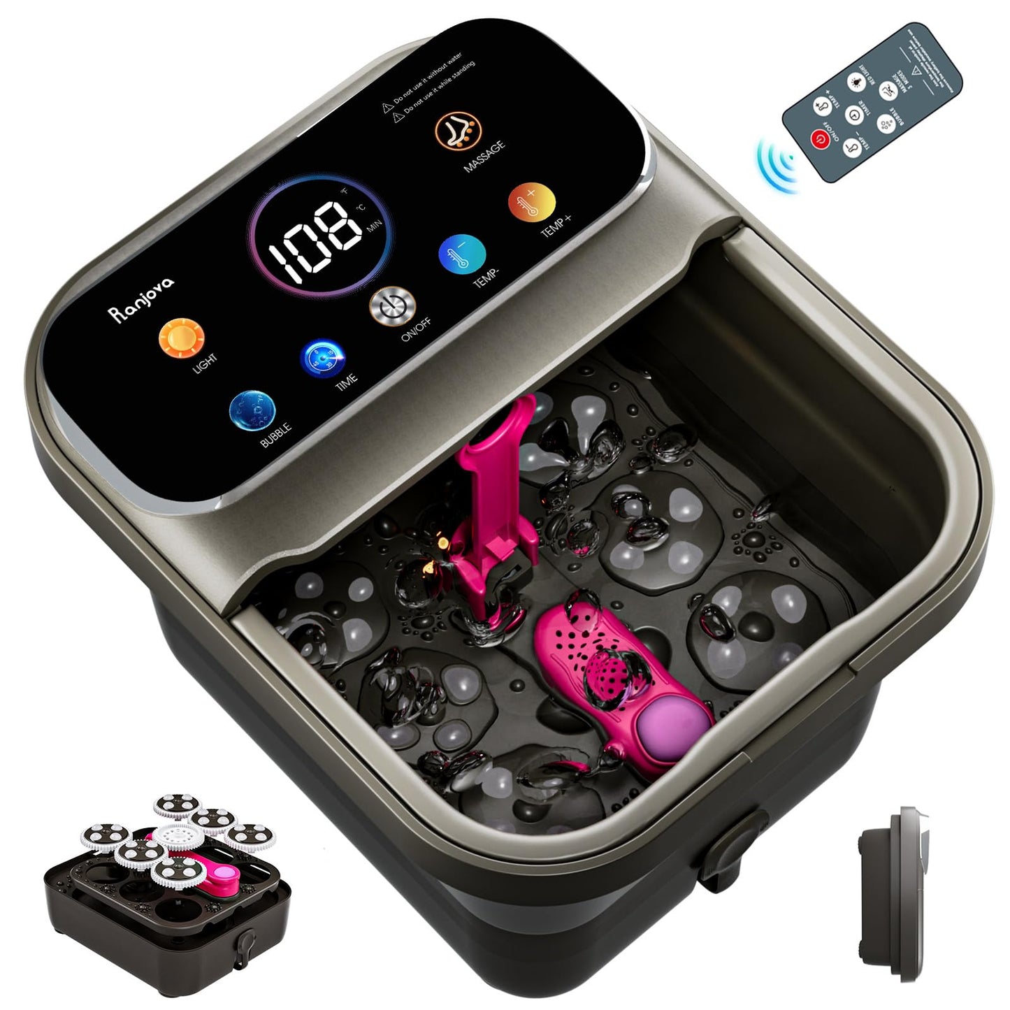 Foot Spa Electric Rotary Massage, with Touchscreen Pro Color Display, Collapsible Foot Bath with Heat, Bubble,Remote Control, Temp Control, and 24 Motorized Shiatsu Massage Balls (Dark Grey)